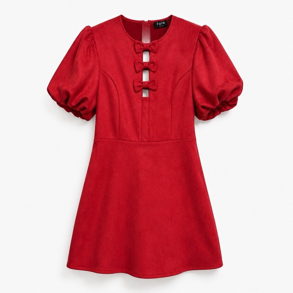 FATE Mini Dress Size M Red Bows Cutout Front Puff Bubble Sleeves Velvet Pockets